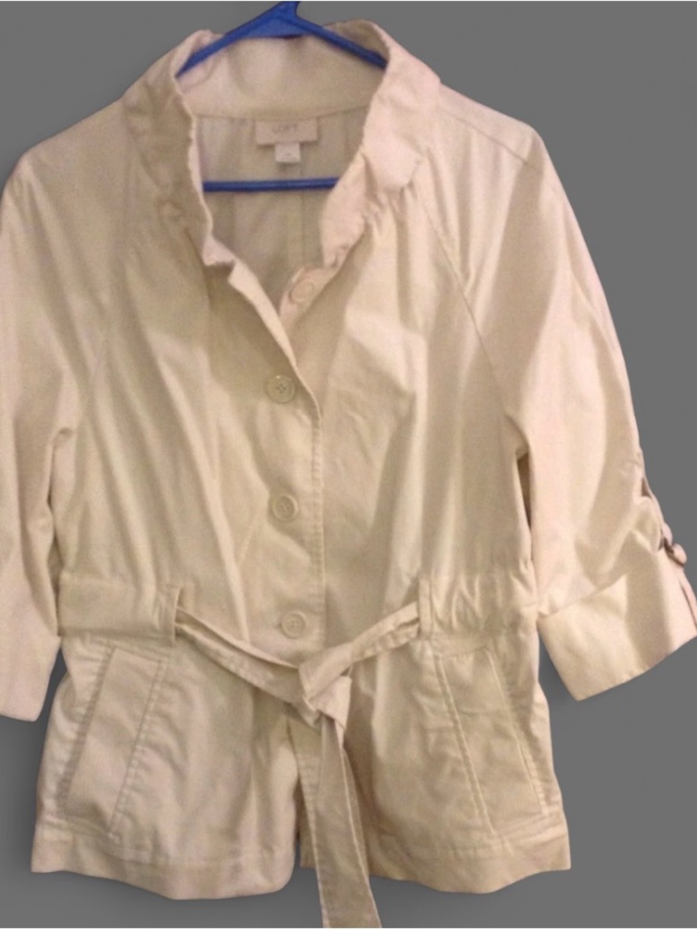 LOFT Cream Ruffle Collar Belted Utility Jacket -Size 6